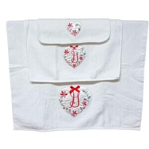 Vintage Christmas Monogram G Towel Set Heart Embroidered Bath Hand Washcloth